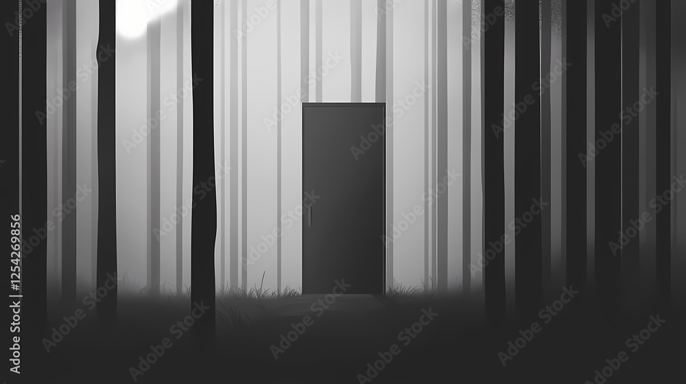 A sleek modern interior door with a matte black finish, minimalist handle, and smooth closing mechanism. Witchwood Forests. Illustration A sleek modern interior door with a matte black finish, minimalist handle, and smooth closing mechanism. Witchwood Forests. Illustration