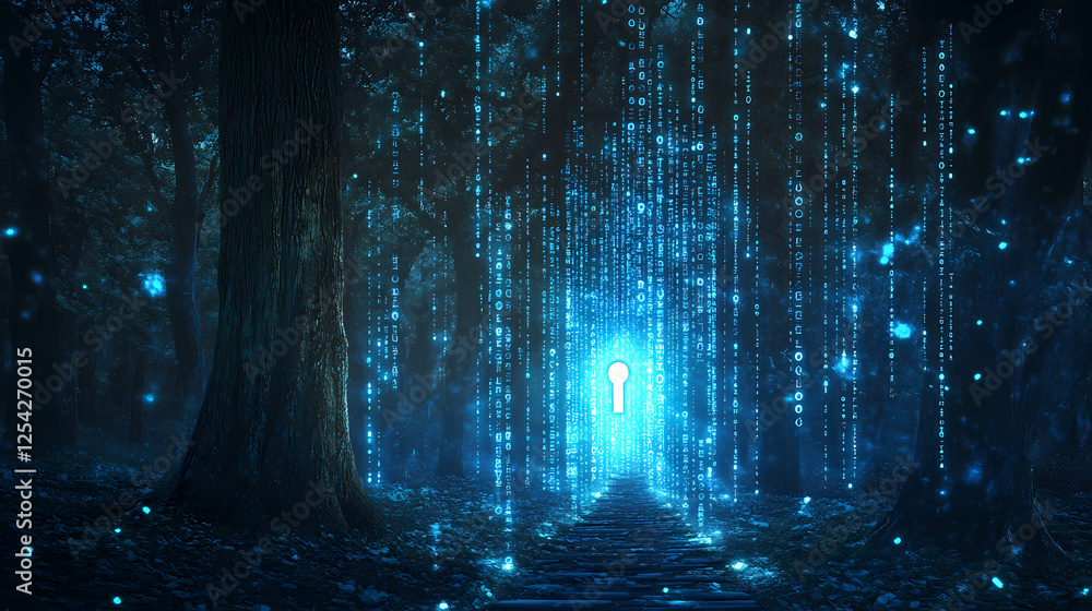 Abstract digital security concept with binary code and keyhole illumination. Witchwood Forests. Illustration Abstract digital security concept with binary code and keyhole illumination. Witchwood Forests. Illustration