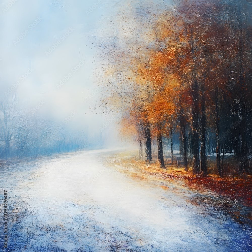 Naklejka premium Autumnal Road Impressionistic Painting: Misty Path Through Golden Trees