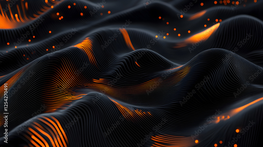 Obraz premium Abstract 3D Rendering of Wavy Lines with Glowing Orange Particles