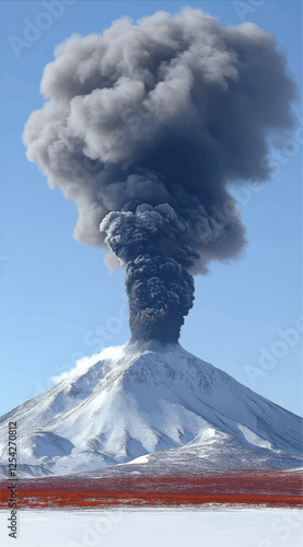 Spectacular Vector Art of Volcanic Eruption with Towering Smoke Plume Captured Against Clear Blue Sky in Stunning Natural Landscape with Snow-Capped Volcano