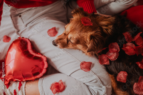 Adorable Dog with Valentine’s Petals on Bed