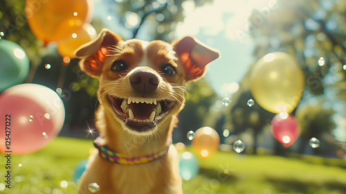 Happy dog smiling among colorful balloons with floating bubbles on a sunny day, vibrant joyful party celebration scene