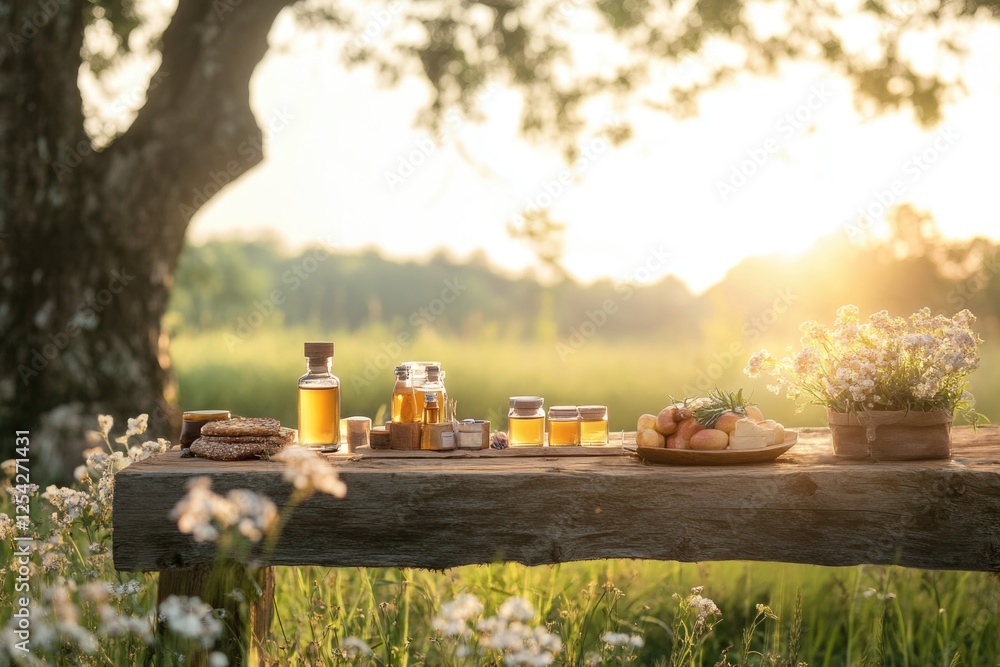 Fototapeta premium Tree Table wood Podium in farm display for food, perfume, and other products on nature background, Table in farm with grass, Sunlight at morning