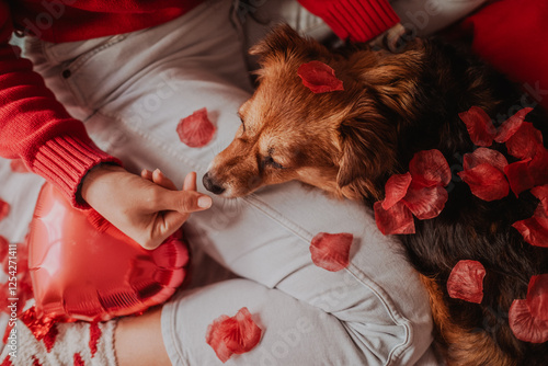 Adorable Dog with Valentine’s Petals on Bed