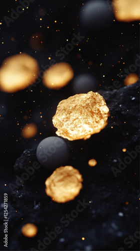 Stunning Vector Art of Gold Nuggets on Black Rocky Surface with Glowing Particles and Soft Focus - Perfect for Gold Mining, Abstract Design, and Luxury Themes