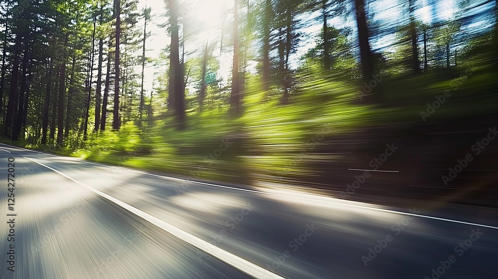 A dynamic motion blur shot of a forested road taken from a moving vehicle, capturing the sense of speed and movement A dynamic motion blur shot of a forested road taken from a moving vehicle, capturing the sense of speed and movement