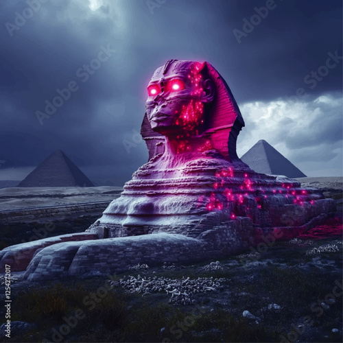 Mystical Sphinx with Glowing Eyes and Pyramids at Night: Surreal Digital Art of Egypt's Iconic Landmark under Enigmatic Stormy Skies with Neon Accents