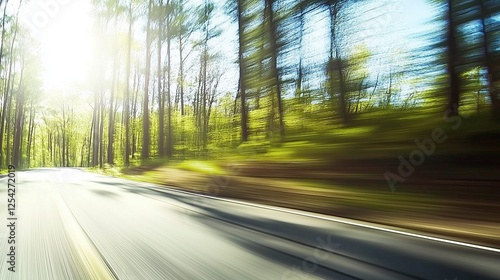 A dynamic motion blur shot of a forested road taken from a moving vehicle, capturing the sense of speed and movement photo