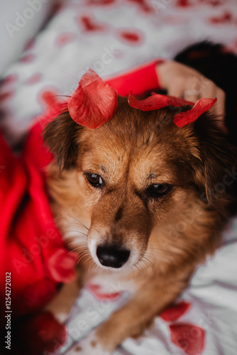 Adorable Dog with Valentine’s Petals on Bed
