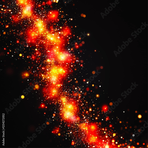 Mesmerizing Red and Gold Sparkling Galaxy Vector Background with Cosmic Glitter, Twinkling Stars, and Bright Light Particles in Black Space