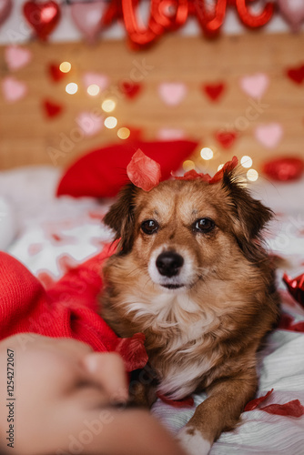 Adorable Dog with Valentine’s Petals on Bed