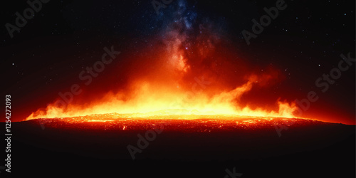 Stunning Vector Illustration of Volcanic Eruption with Lava Flow Under Starry Night Sky and Vibrant Fiery Glow - Perfect for Science and Nature Themes