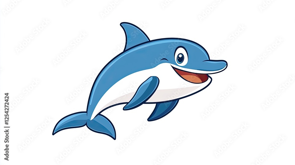 Obraz premium Playful cartoon dolphin swimming joyfully in a bright ocean with a cheerful expression