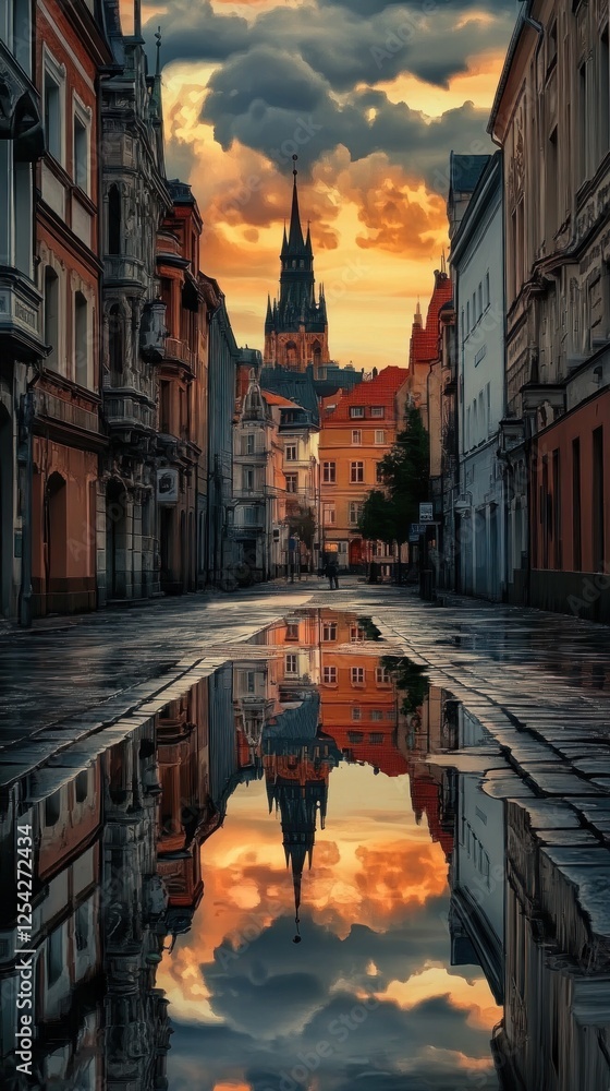 Fototapeta premium Sunset Reflection in a European City Street