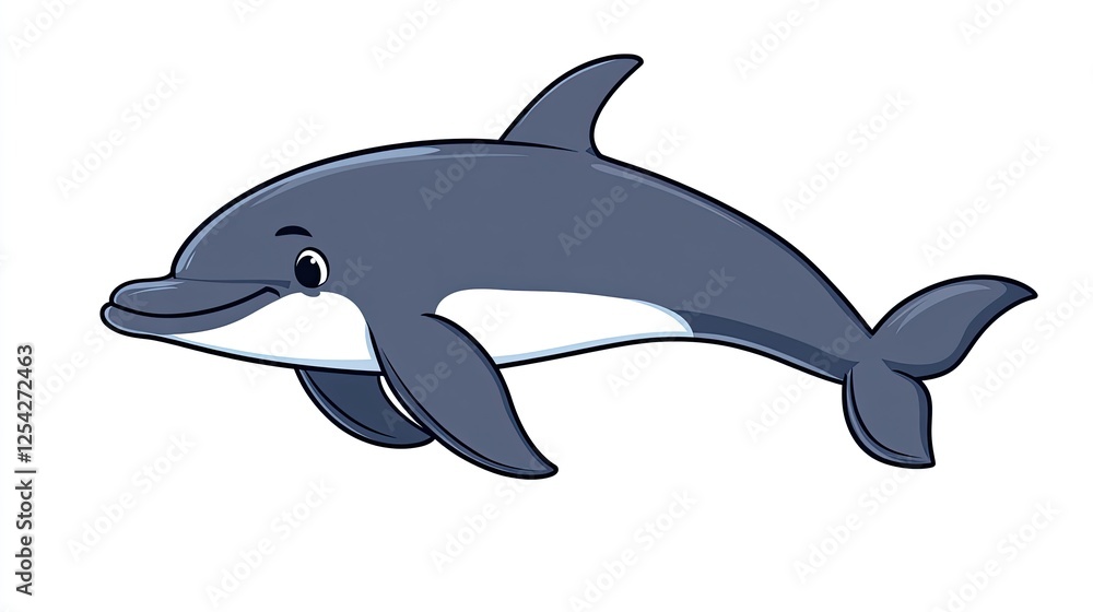 Fototapeta premium Cartoon dolphin swimming joyfully in a clear ocean, surrounded by playful bubbles and sunlight