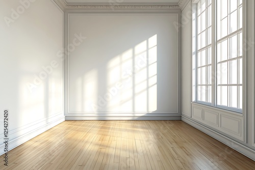 minimalist bedroom with white walls, wooden flooring, large window