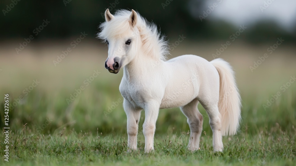 Miniature pony standing in pasture, sunset Miniature pony standing in pasture, sunset
