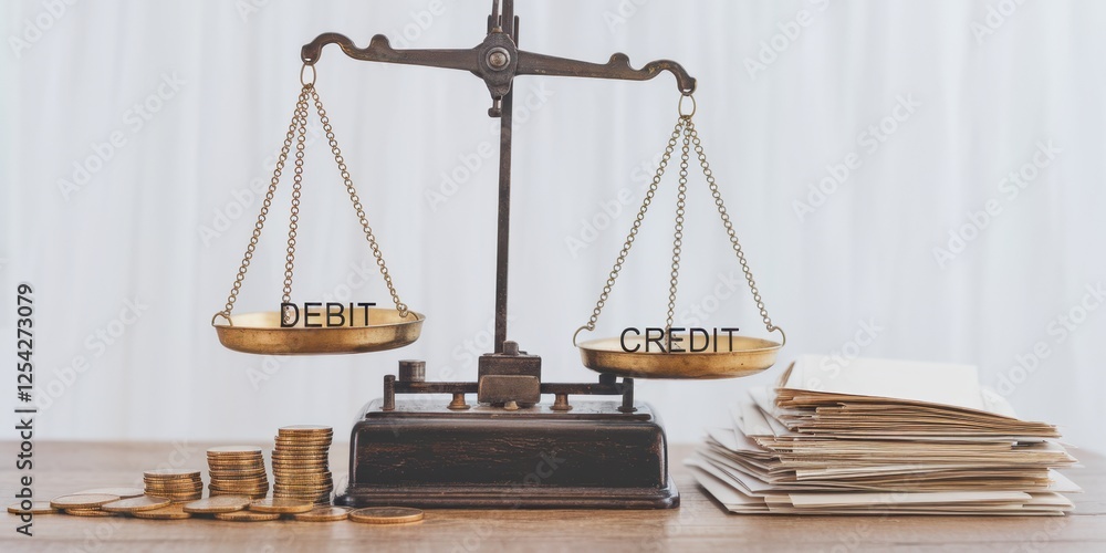 Balance scale showing debit and credit with coins and documents Balance scale showing debit and credit with coins and documents