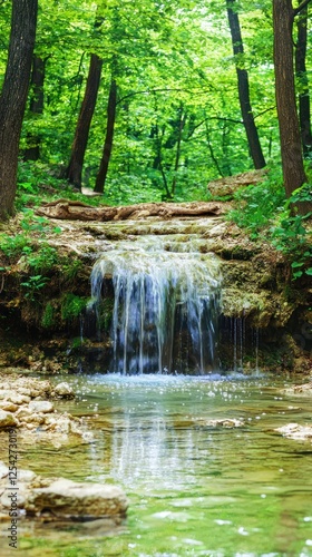 Forest waterfall cascade, tranquil nature scene, outdoor scenery