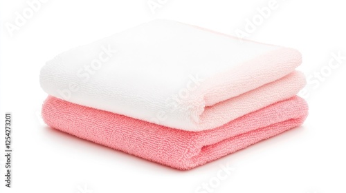 Soft, folded towels in white and pink colors, showcasing texture and cleanliness for home use