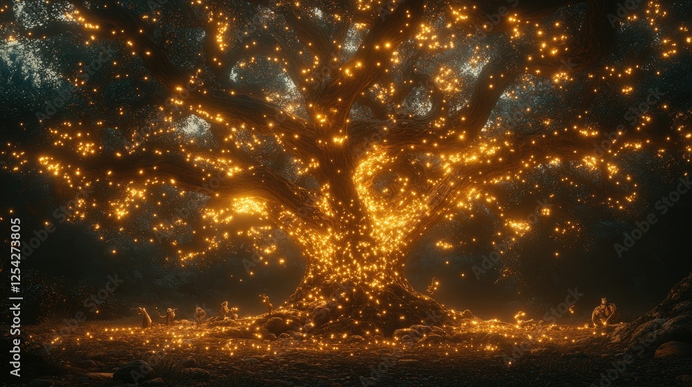 Naklejka premium Enchanted tree illuminated by glowing orbs in a mystical forest at twilight, creating a magical ambiance