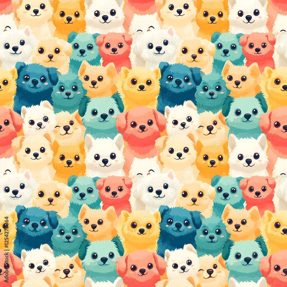 Fototapeta premium An adorable seamless pattern showcases a delightful collection of fluffy puppies in a variety of soft and vibrant colors, including yellow, blue, pink, and white.