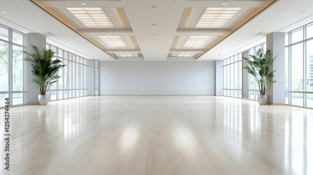 Fototapeta premium Modern empty office space with large windows, plants, and bright lighting; ideal for presentations