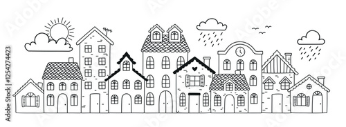 Cute city drawing with hand drawn houses and buildings in doodle style. Hand drawn coloring page. Vector illustration.eps