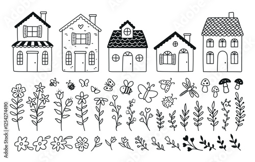 set of cute houses, flowers, insects, mushrooms and vegetation in doodle style. Vectors isolated on white background for banners, cards, prints and designers.eps