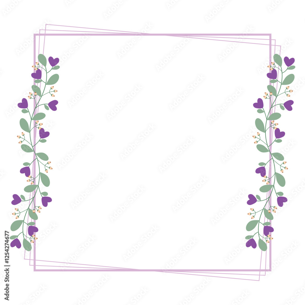 Lovely Square Border Frame With Purple Love Flowers And Green Leaves Lovely Square Border Frame With Purple Love Flowers And Green Leaves