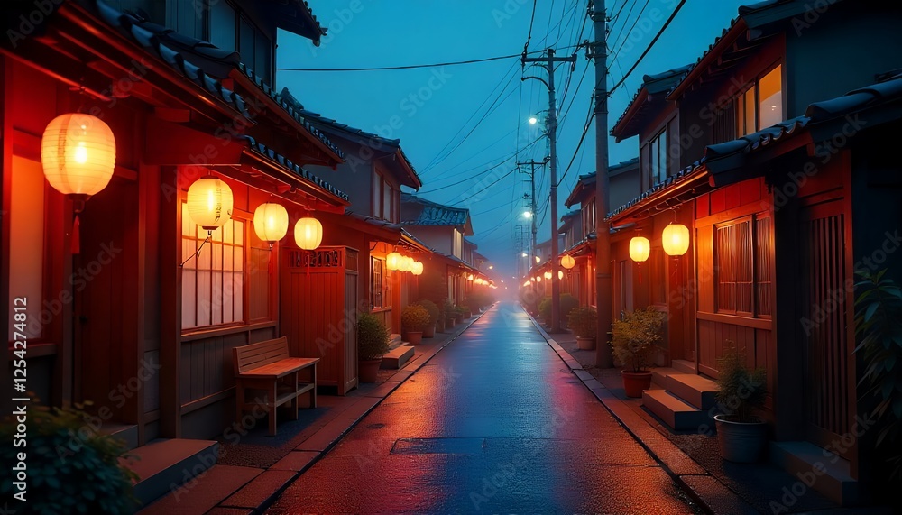 A Serene Evening Stroll Through a Tranquil Japanese Alleyway Lit by Glowing Lanterns A Serene Evening Stroll Through a Tranquil Japanese Alleyway Lit by Glowing Lanterns