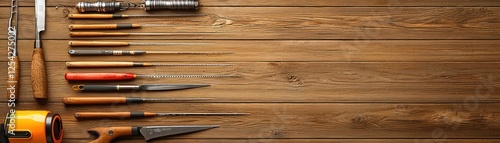 Wooden tools arranged on a table, craft supplies photo