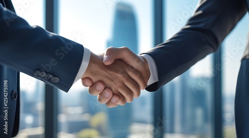 Close-up of two professionals shaking hands in a modern corporate building. Business deal, collaboration, and trust in a workplace environment for success.

