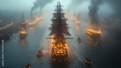 Fleet of historic ships at night in foggy harbor photo