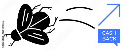 Black fly interconnected with lines leading to upward blue arrow and Cash Back speech bubble. Ideal for strategy, business growth, financial planning, marketing rewards, incentives, success pathways