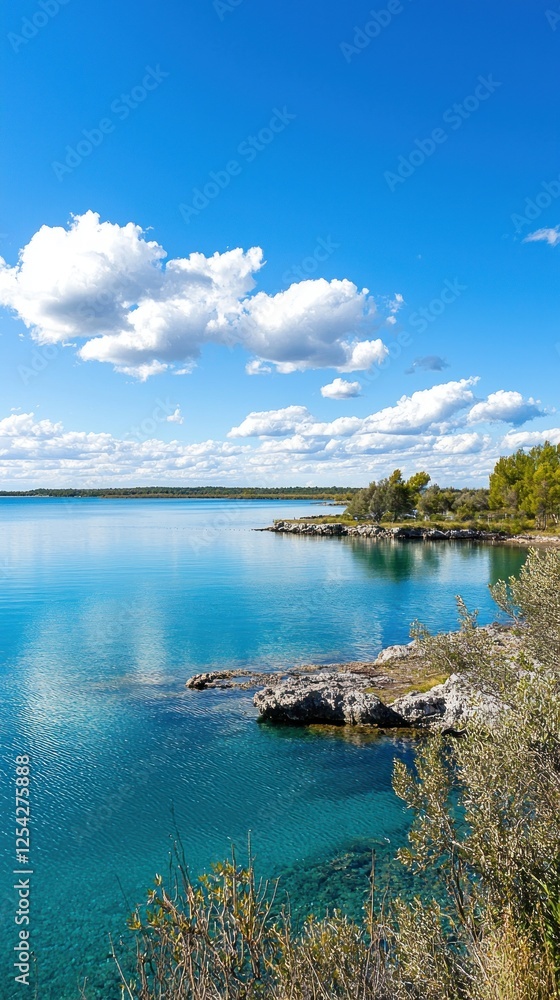 Fototapeta premium Lakeside scenic view, calm water, sunny day, natural beauty