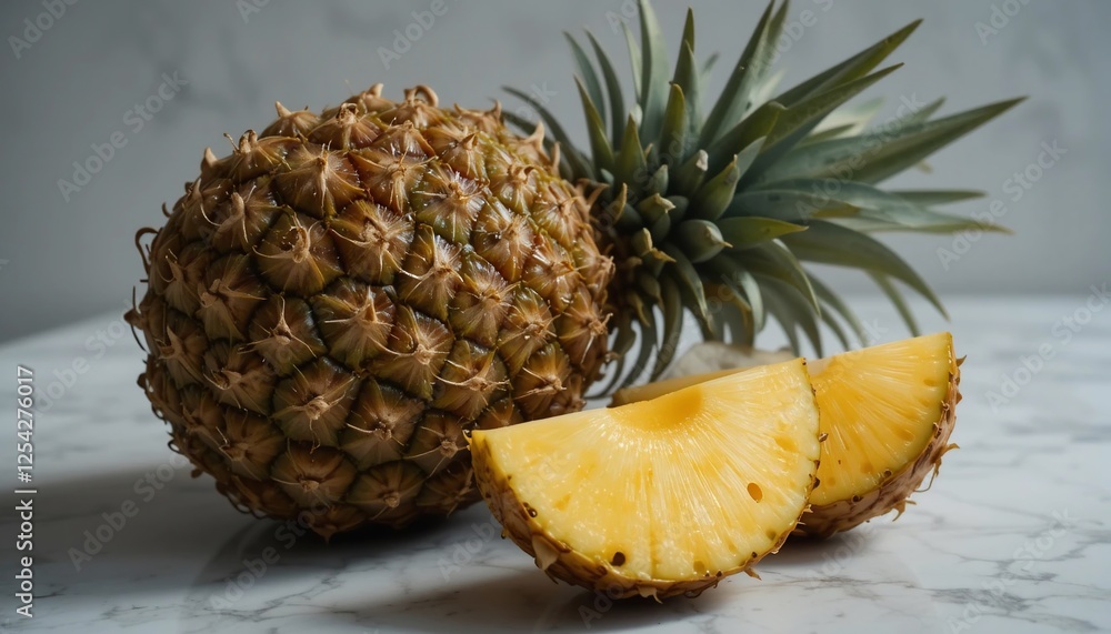 Ripe Whole Pineapple with Slices on Marble Background Tropical Fruit Vitamin C Healthy Eating Ripe Whole Pineapple with Slices on Marble Background Tropical Fruit Vitamin C Healthy Eating