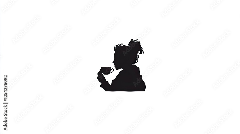 Silhouette of a woman enjoying a cup of coffee, surrounded by a minimalist white background Silhouette of a woman enjoying a cup of coffee, surrounded by a minimalist white background