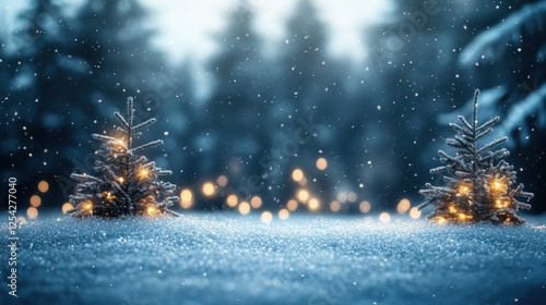 Snowy Landscape with Two Christmas Trees Illuminated by Lights in a Winter Wonderland Scene