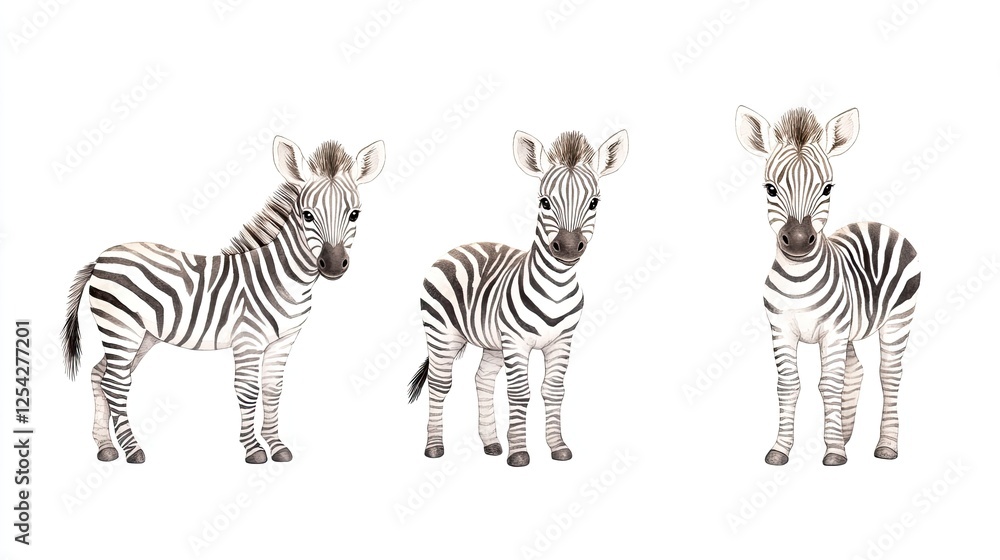 Obraz premium Three adorable young zebras standing together against a white background, showcasing their unique stripes
