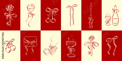 Hand drawn coquette aesthetics elements. Vintage cute symbols with ribbon and bow in simple crayon and sketch style. Trendy art for Valentine day and wedding invitations. Outline vector illustration