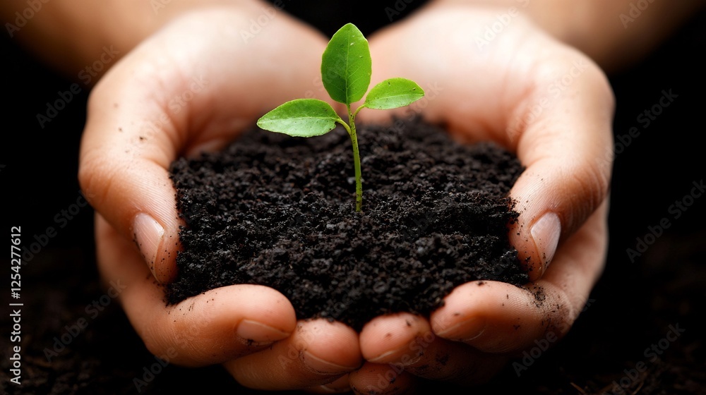Hands cradling a small green sprout growing in rich dark soil Hands cradling a small green sprout growing in rich dark soil