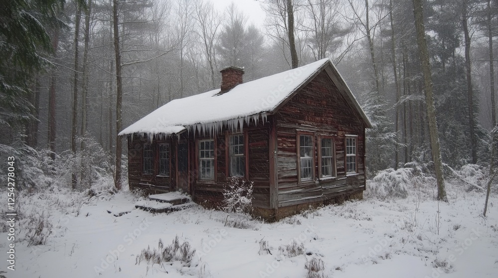 Snow-Covered Rustic Cabin in Winter Landscape Surrounded by Trees and Soft Snowfall near a Forest Snow-Covered Rustic Cabin in Winter Landscape Surrounded by Trees and Soft Snowfall near a Forest