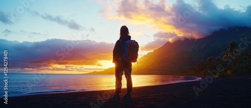 Fototapeta Naklejka Na Ścianę i Meble -  Person standing on beach watching sunset over ocean waves and coastal landscape