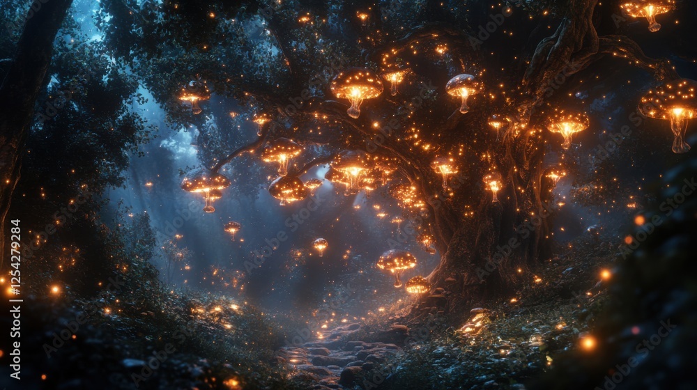 Enchanted Forest with Glowing Mushrooms and Sparkling Lights Underneath Majestic Trees at Night Enchanted Forest with Glowing Mushrooms and Sparkling Lights Underneath Majestic Trees at Night
