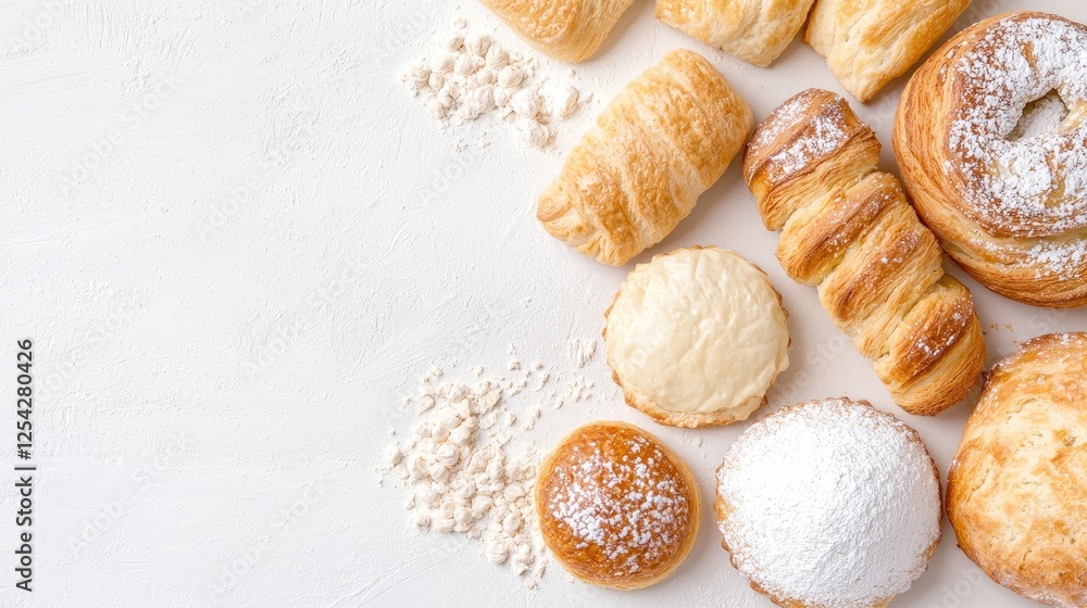Assorted pastries on a white background. Display of various pastries. Possible use Bakery catalog, food photography Assorted pastries on a white background. Display of various pastries. Possible use Bakery catalog, food photography