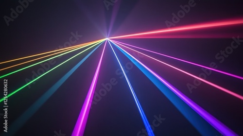 Colorful laser beams radiating in various directions.