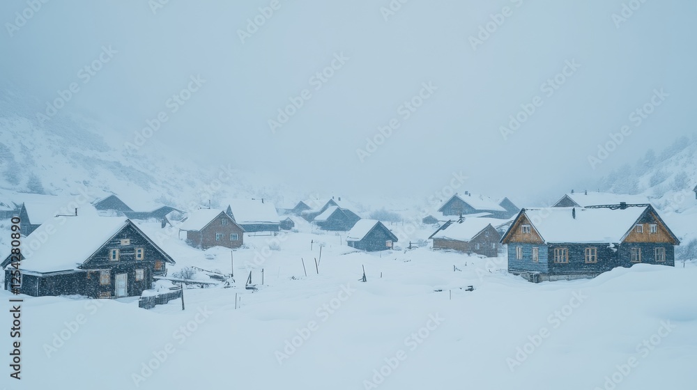 Snowy Village Landscape with Cozy Cabins in Winter Weather and Heavy Snowfall in a Cloudy Sky Snowy Village Landscape with Cozy Cabins in Winter Weather and Heavy Snowfall in a Cloudy Sky