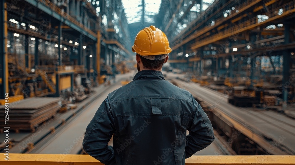 A man in a yellow helmet stands on a platform in a large industrial building A man in a yellow helmet stands on a platform in a large industrial building